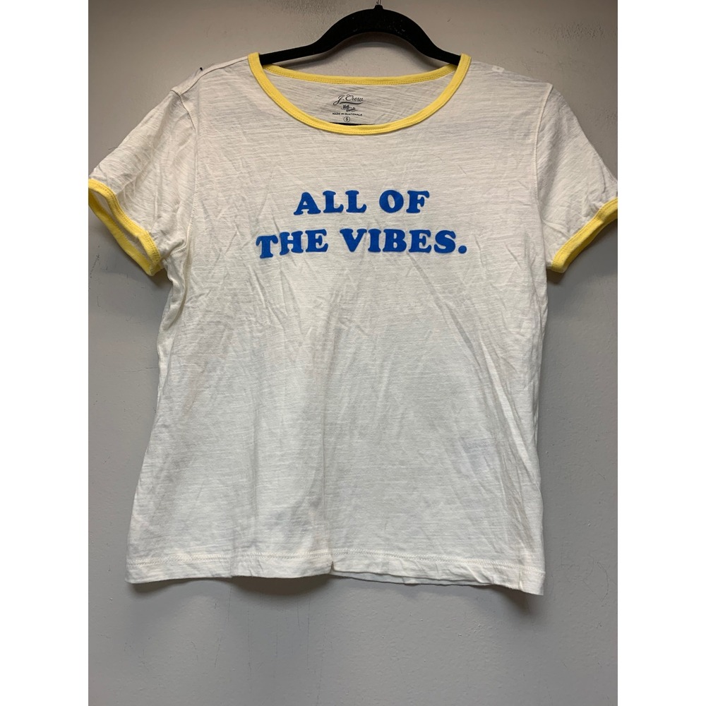 J.Crew Ringer T-Shirt Womens Small White Yellow All Of The Vibes Excellent Slub